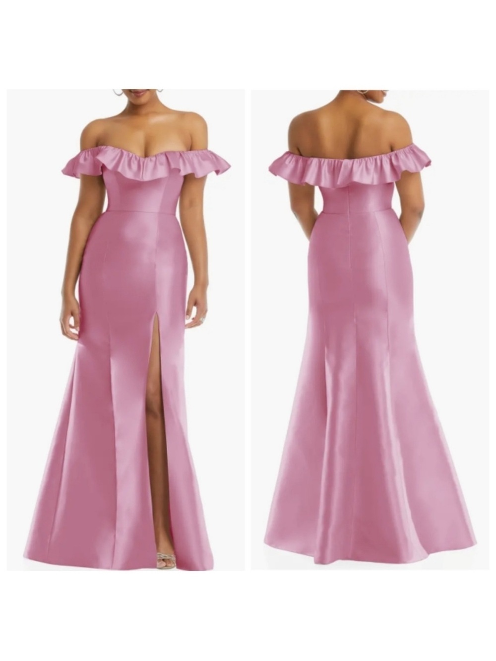 NWT Alfred Sung Off the Shoulder Ruffle Satin Trumpet Gown in Powder Pink - 14